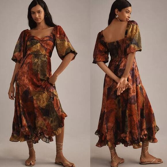 NWT Anthropologie Hutch Printed Twist-Front -Sleeve Ruffle Midi Dress Red